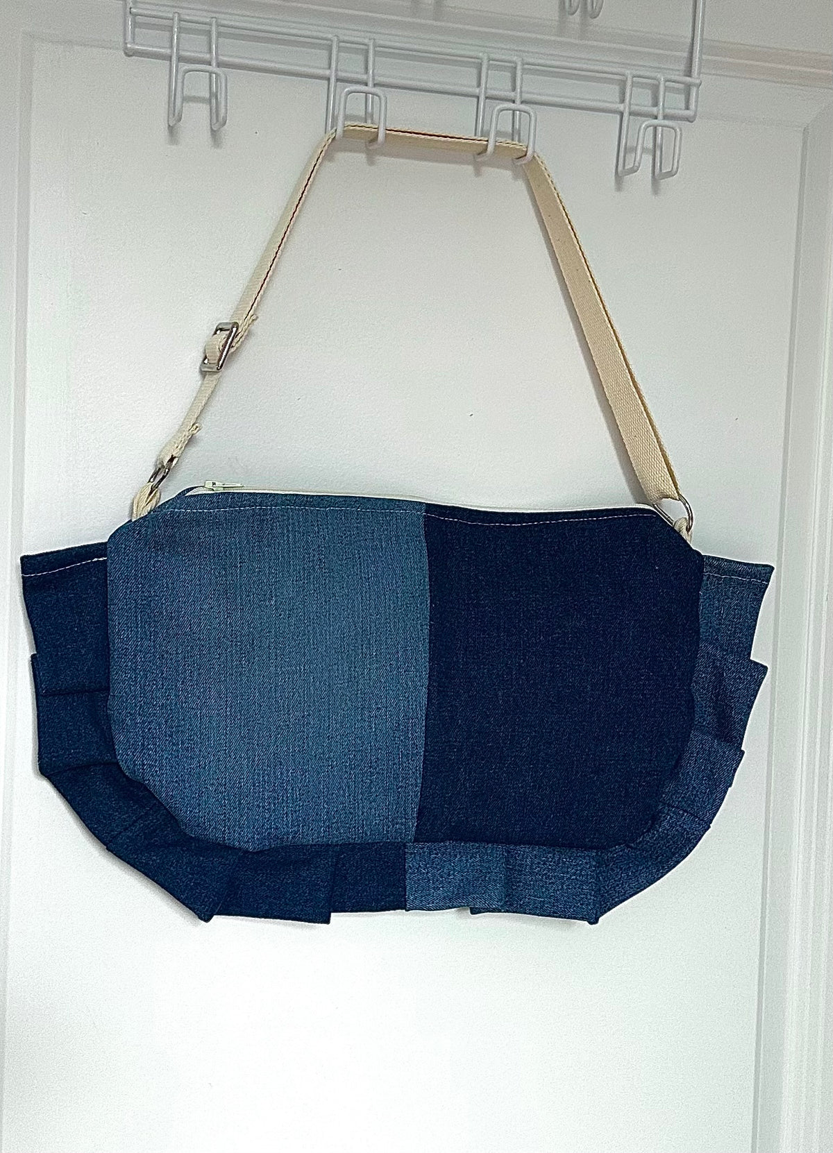 Sac Frousette Denim – vue de face, patchwork indigo