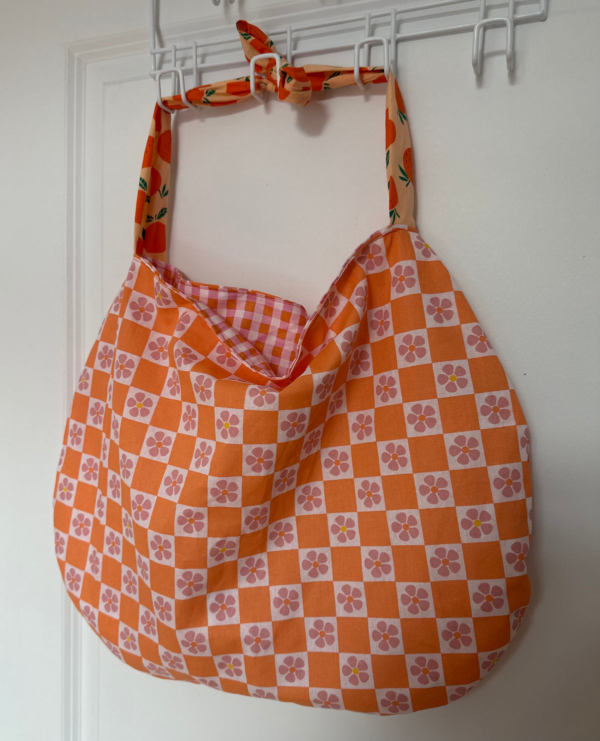 Sac Ginette petite orange – damier fleuri upcyclé