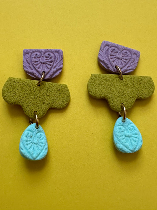 Boucles d'oreilles Ela - trois pièces violet, vert olive et bleu ciel